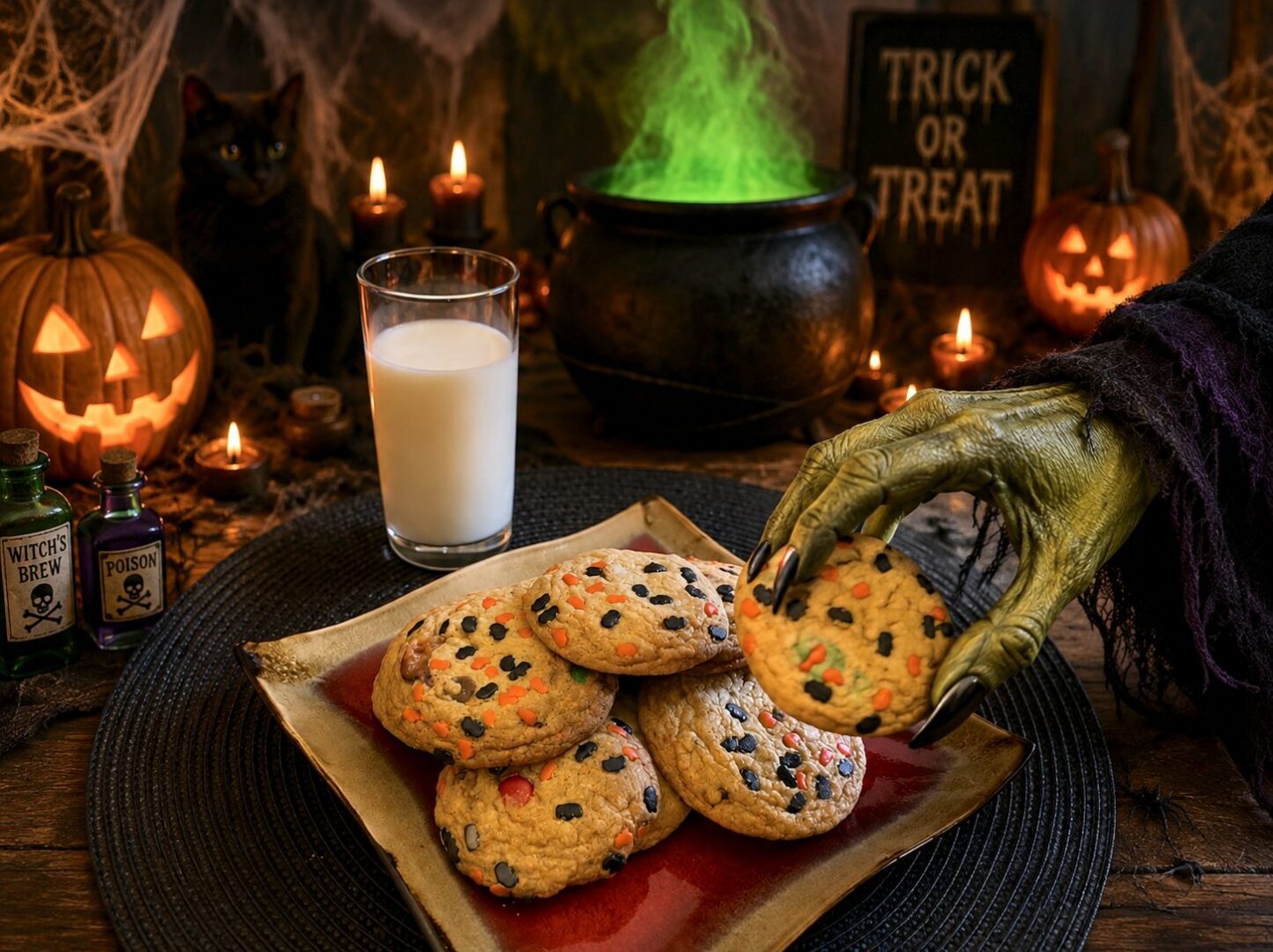 Halloween-themed cookies with spooky decorations.