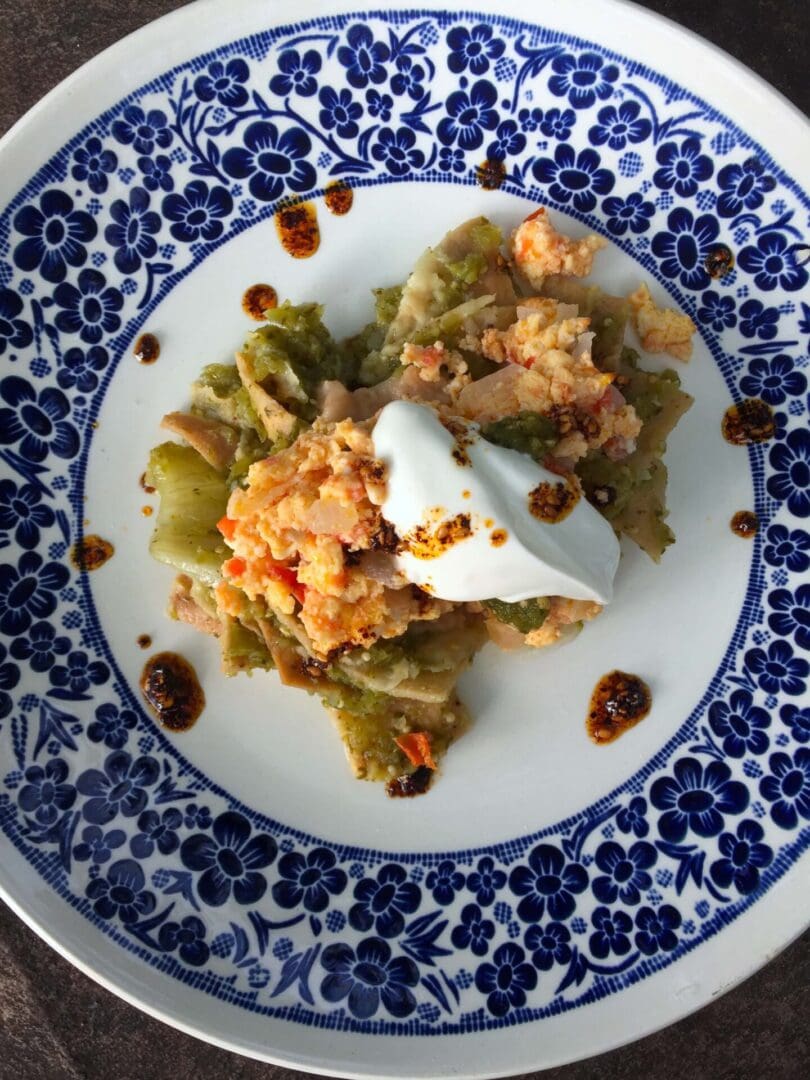A Plate in Blue and White With Chilaquiles