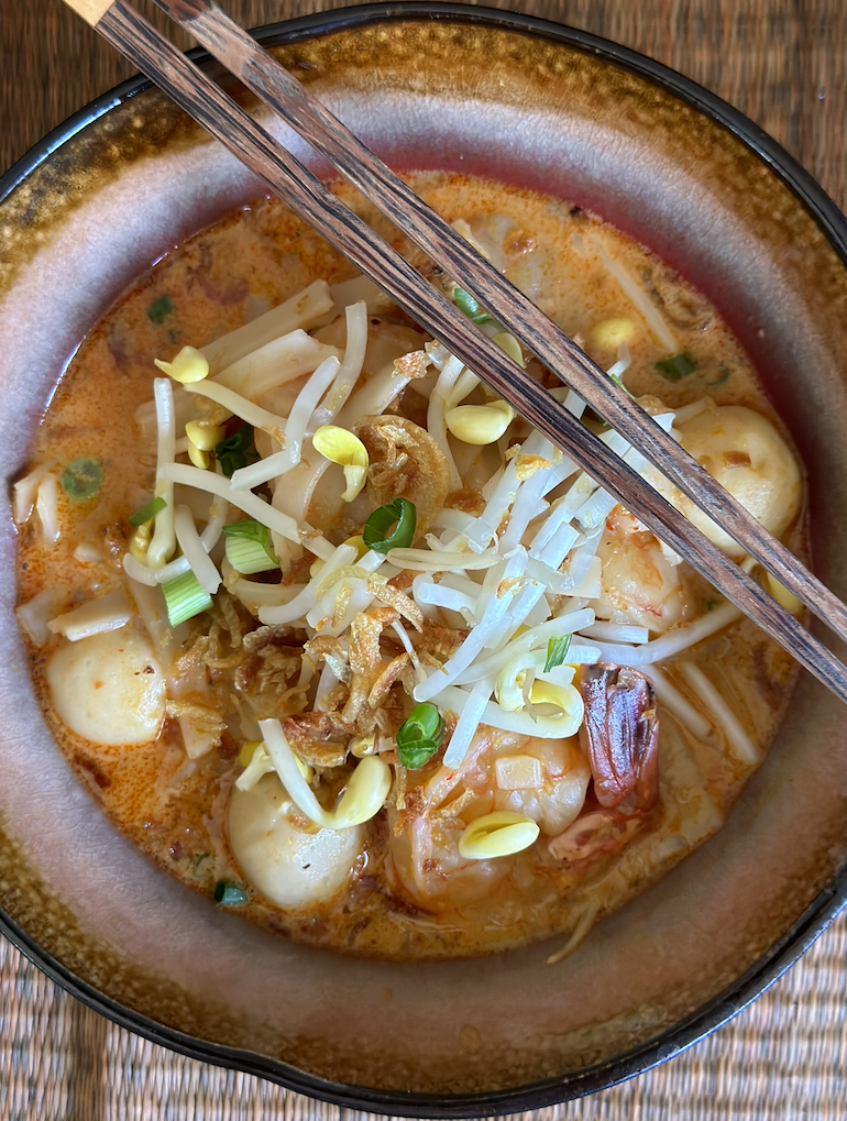 Top view of Shrimp Laksa on the table