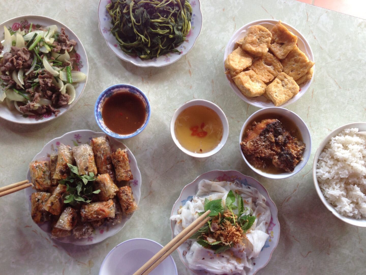 Top view of a table with so many dishes