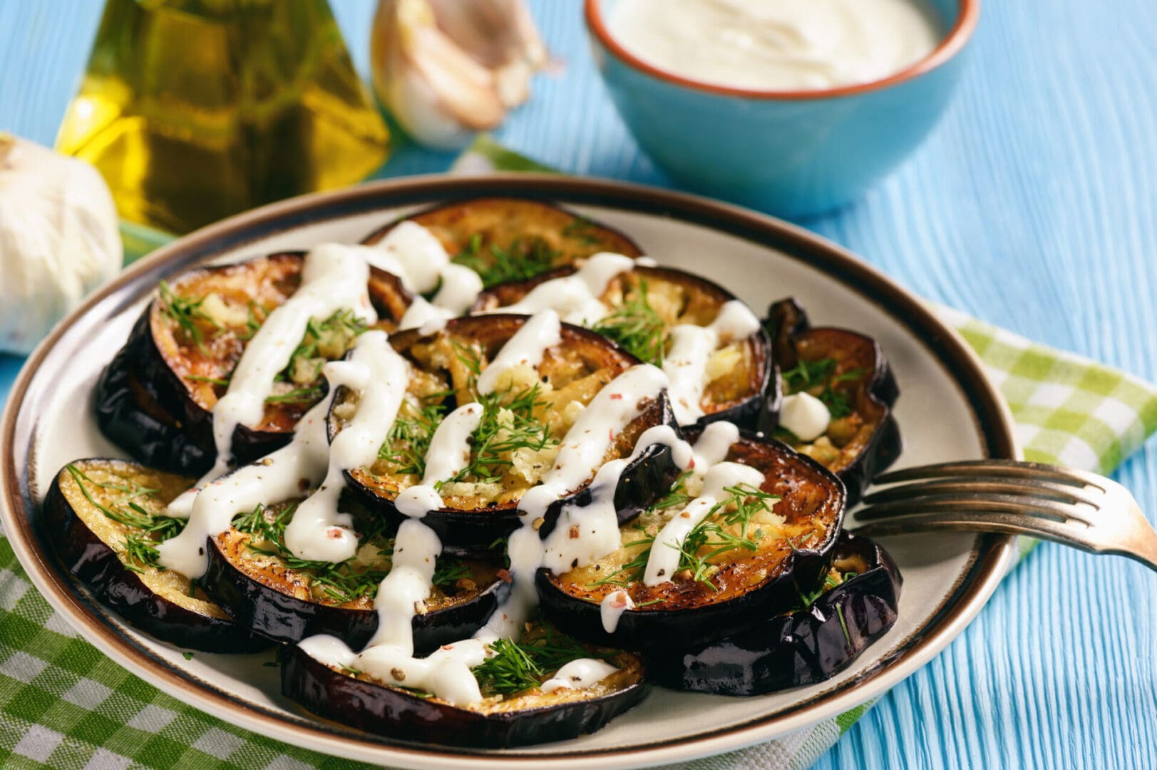 Top view of Egg plant Tzatziki in a plate