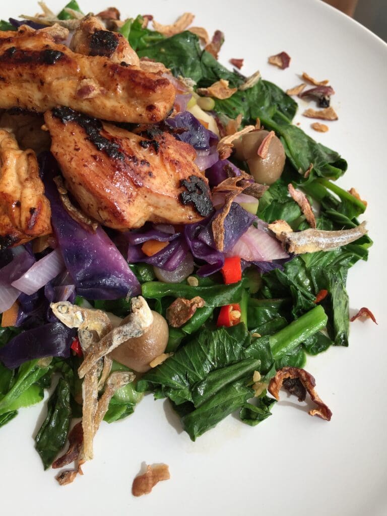 Close up shot of Asian Grilled Chicken Over Greens