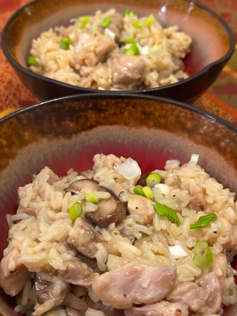 Two bowls of chicken and mushroom risotto garnished with green onions on a patterned tablecloth.