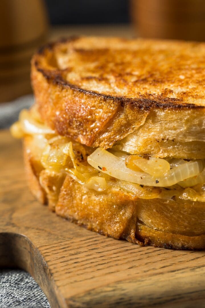 Grilled cheese sandwich with caramelized onions.