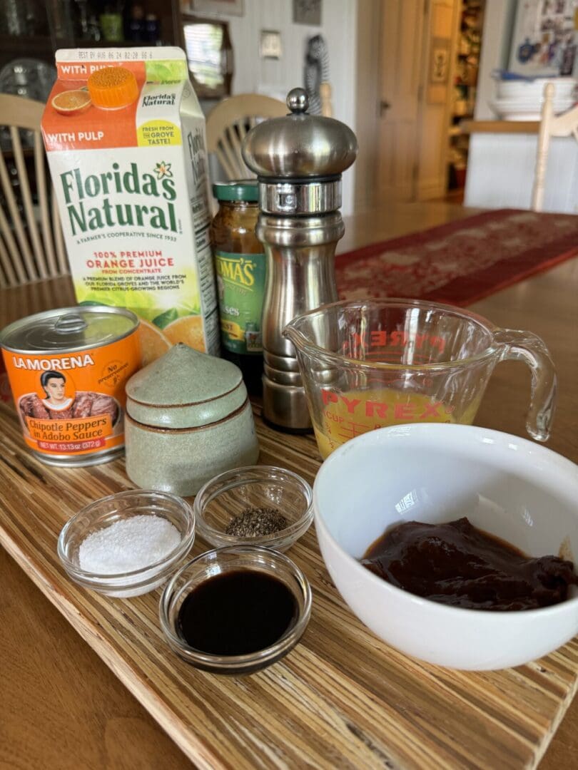 Ingredients for a recipe on a cutting board.