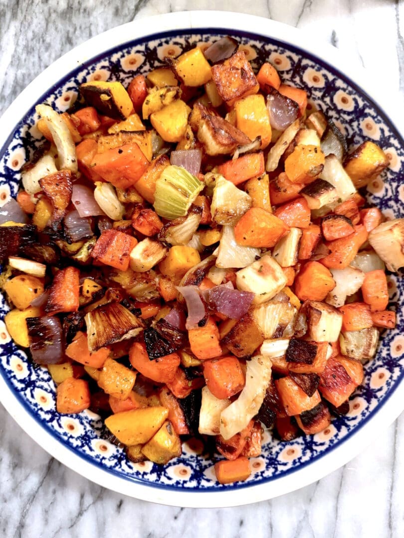 Roasted Veggies Roasted mixed vegetables in a bowl.