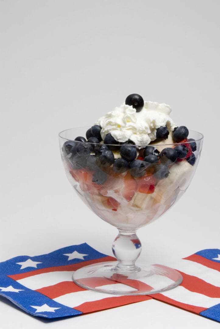 Blueberries, whipped cream, strawberries Blueberries, whipped cream, strawberries
