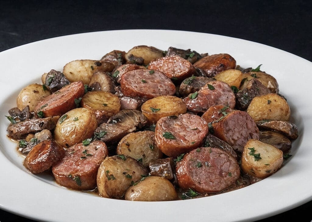 Roasted potatoes and sausage with herbs