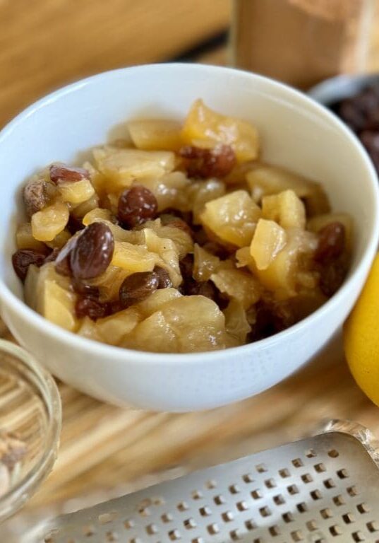 Apple raisin compote with lemon and nutmeg.