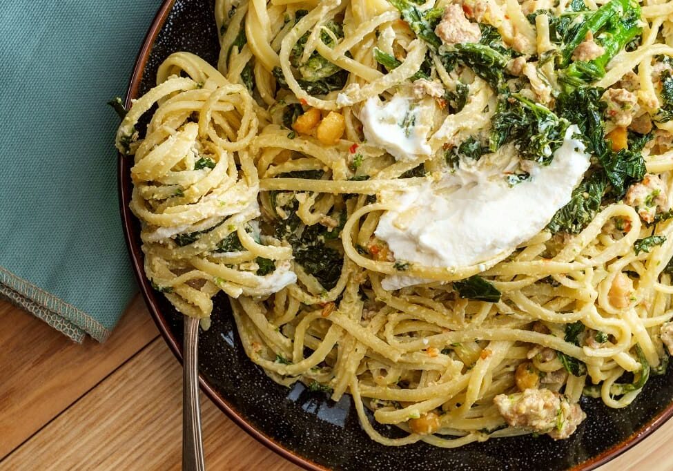 Pasta with spinach, ricotta, and pine nuts.