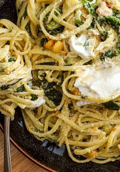 Pasta with spinach, ricotta, and pine nuts.