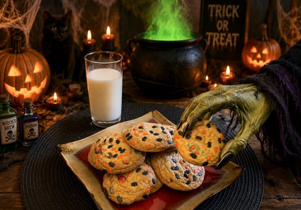 Halloween-themed cookies with spooky decorations.
