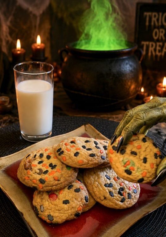 Halloween-themed cookies with spooky decorations.