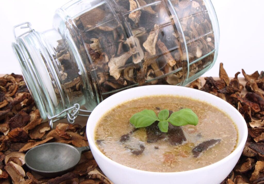 Mushroom soup in a bowl, decorated with basil, with dried mushrooms surrounding it and some in a jar, and an antique spoon