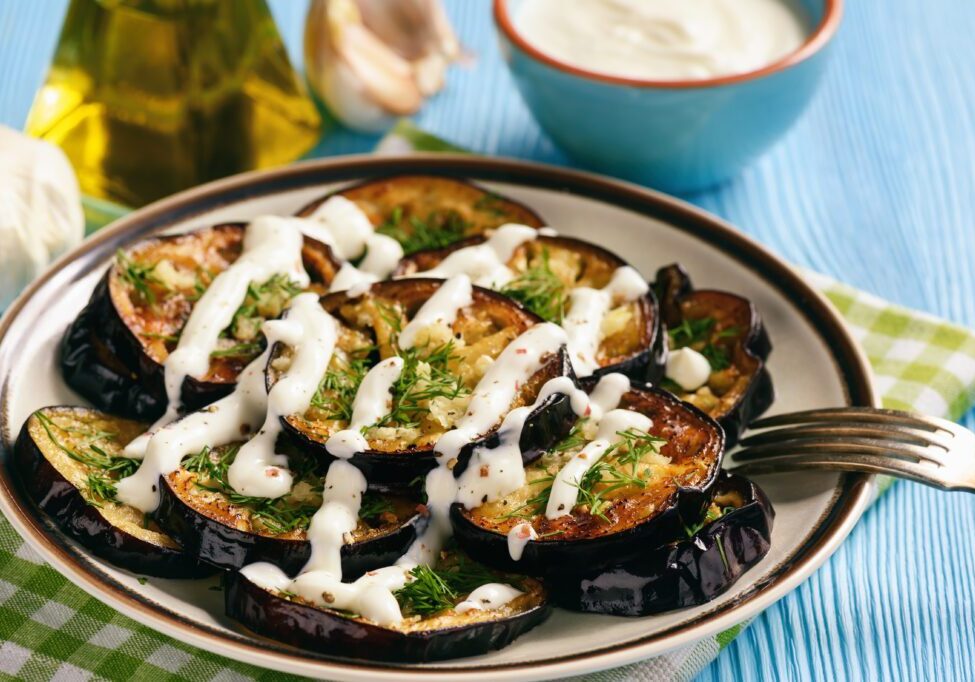 Top view of Egg plant Tzatziki in a plate