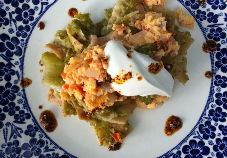 A Plate in Blue and White With Chilaquiles