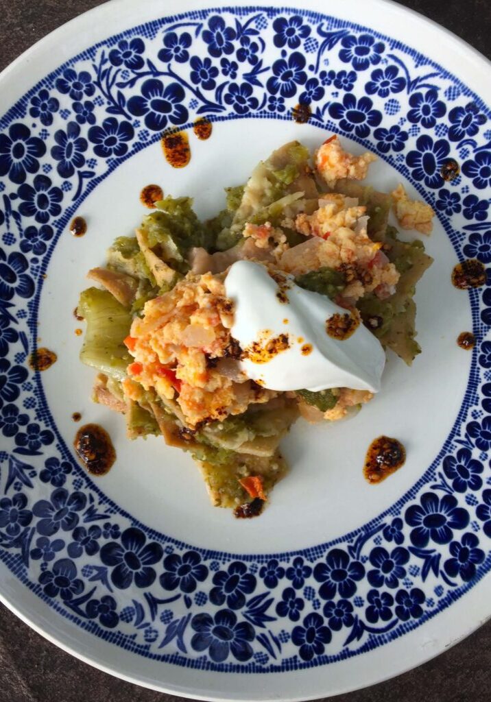 A Plate in Blue and White With Chilaquiles