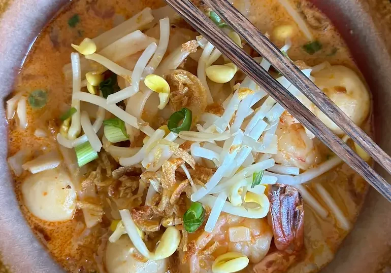 Top view of Shrimp Laksa on the table