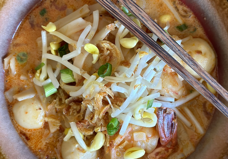 Top view of Shrimp Laksa on the table