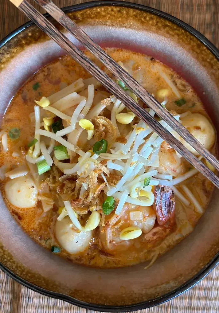 Top view of Shrimp Laksa on the table