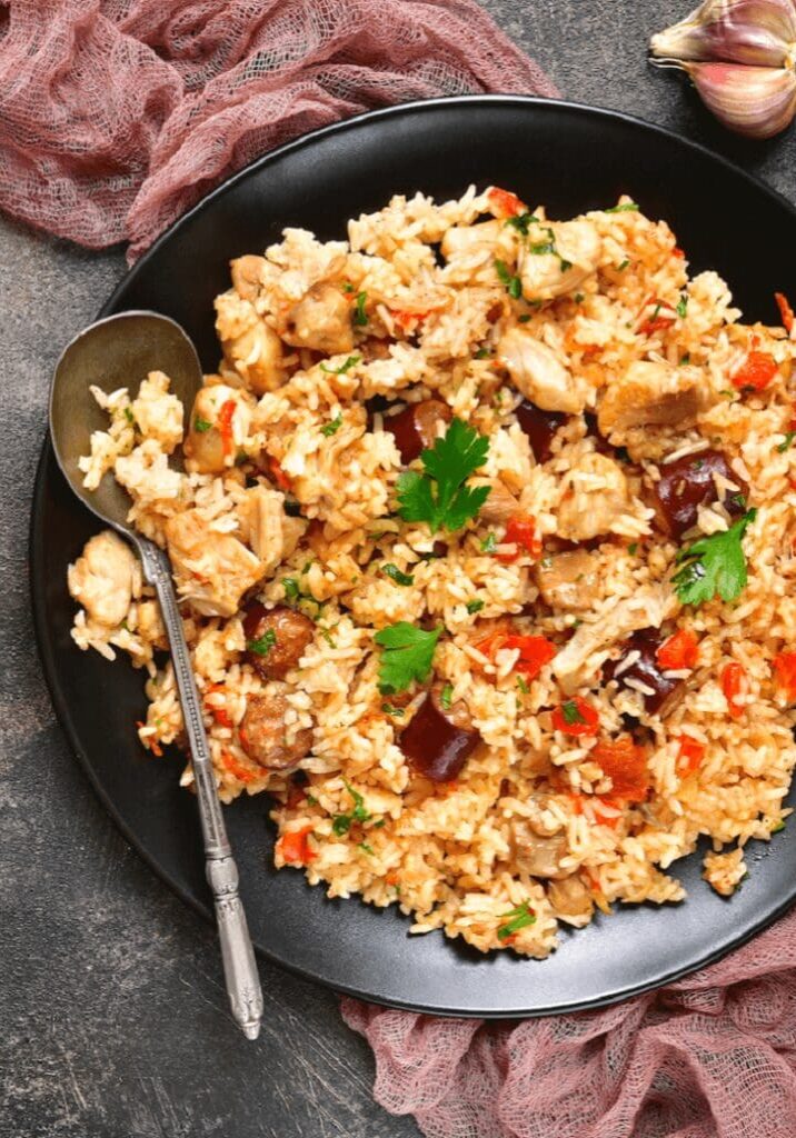 Chicken and rice dish with parsley and garlic.