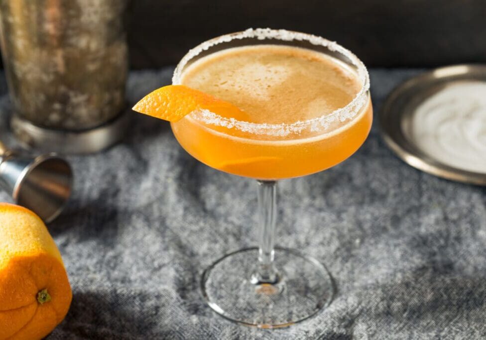 Orange peel garnish in a cocktail glass.