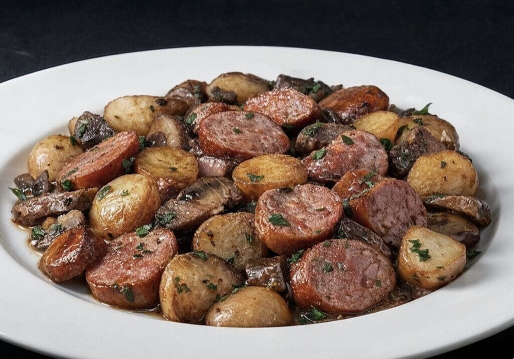 Roasted potatoes and sausage with herbs