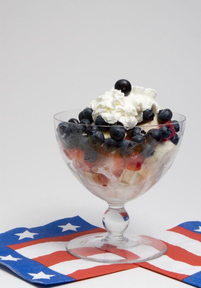 Blueberries, whipped cream, strawberries